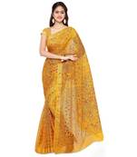 Yellow printed silk saree with blouse