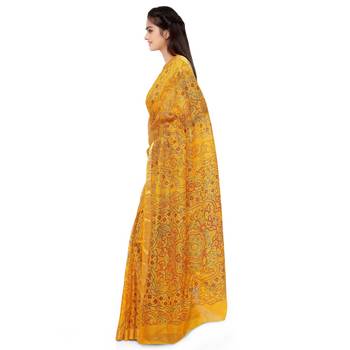 Yellow printed silk saree with blouse 2