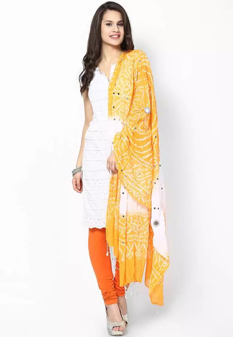 Nice Yellow White Cotton Bandhej Dupatta