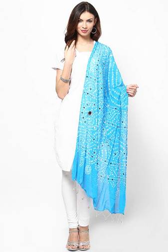 Stunning Blue Cotton Bandhej Dupatta with hand work