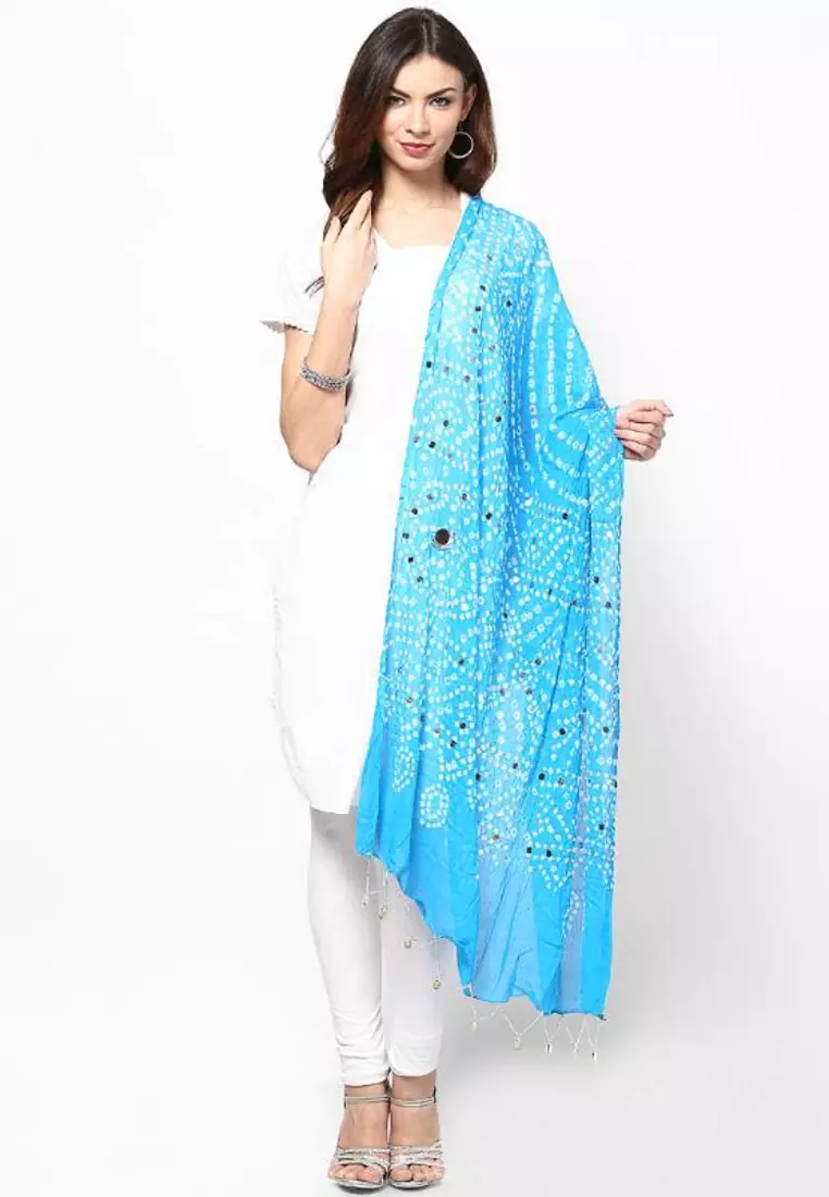 Stunning Blue Cotton Bandhej Dupatta with hand work