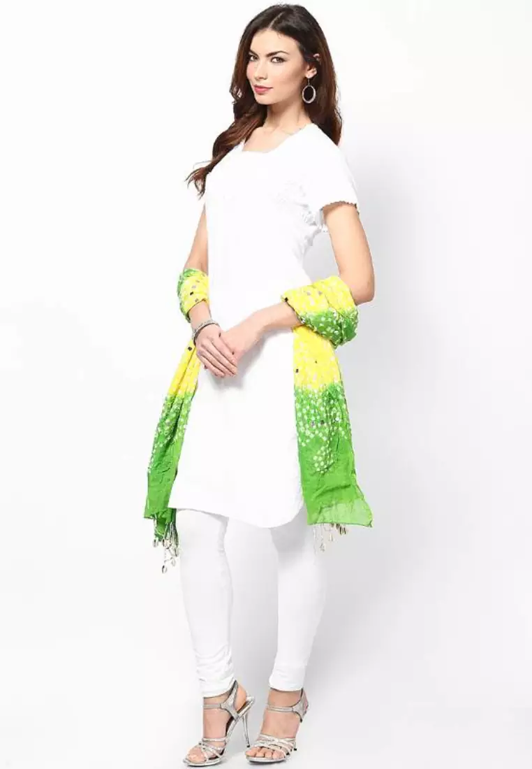 Green Yellow Cotton Bandhej Dupatta