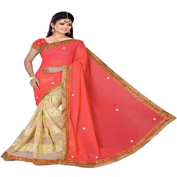 Pink embroidered georgette saree with blouse 1