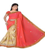 Pink embroidered georgette saree with blouse