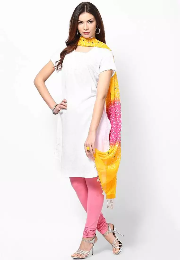 Pink Yellow Cotton Hand Work Dupatta