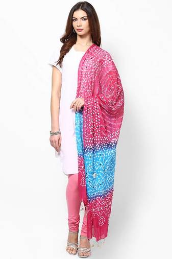 Pink Blue Cotton Bandhej Dupatta