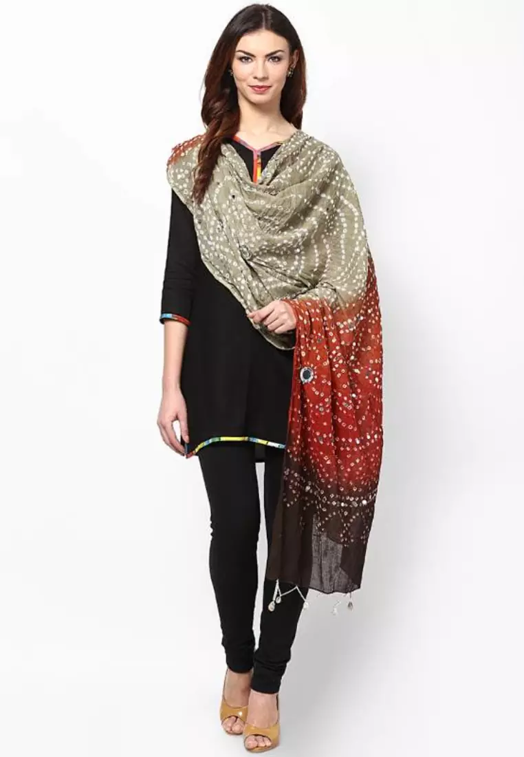 Tri-color cotton bandhej hand work dupatta