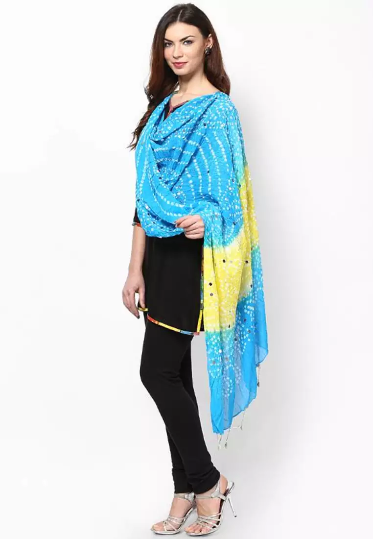 Amazing Yellow Blue Cotton Bandhej Dupatta