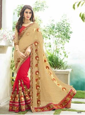 Beige embroidered georgette saree with blouse 1