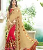 Beige embroidered georgette saree with blouse