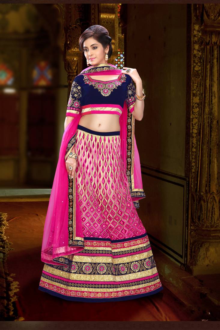 Weding Special  Special Pink Net With Work Lahanga  Blue velvet Choli With Pink Net  Dupatta