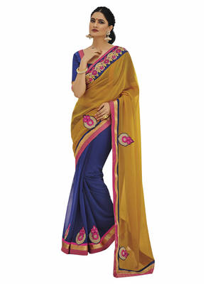 Yellow embroidered georgette saree with blouse 1