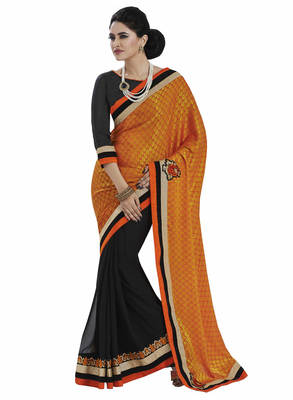 Orange embroidered jacquard saree with blouse 1