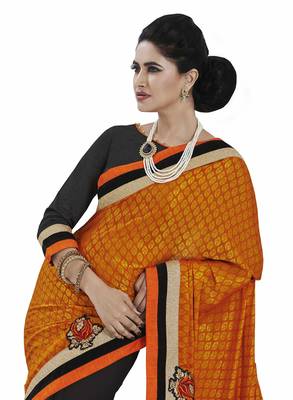 Orange embroidered jacquard saree with blouse 2