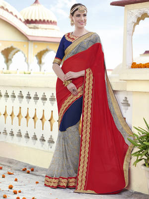 red embroidered chiffon saree with blouse 1