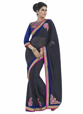 Grey embroidered georgette saree with blouse 1
