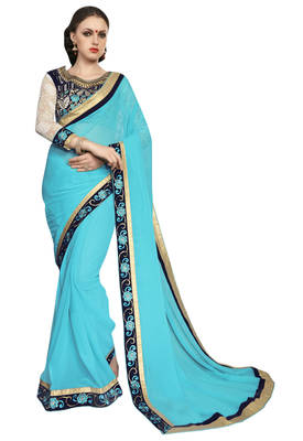 Blue embroidered georgette saree with blouse 1