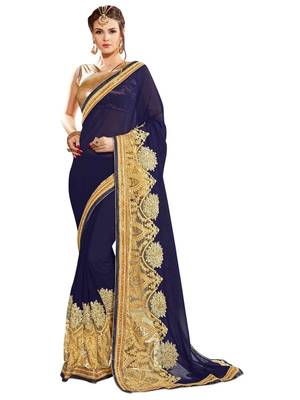 Blue embroidered georgette saree with blouse 1