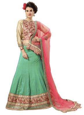 Green Embroidered Silk Unstitched Lehenga 1