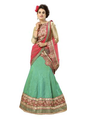 Green Embroidered Silk Unstitched Lehenga 2
