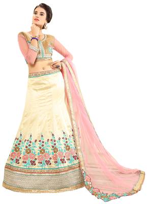 White Embroidered Silk Unstitched Lehenga 1