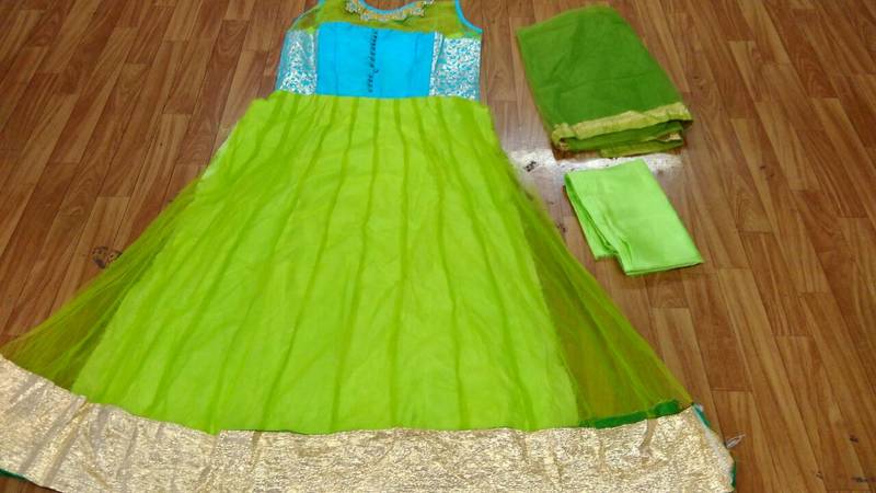 Green Net Neck Work semi stitched salwar with dupatta