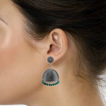 Turquoise Earrings-Round Studs Jhumkai -Silver Tribal Jhumkis-Indian Jewellery 2