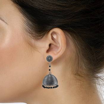 Black Crystal And Round Jhumki - Hand Crafted Jaipur Jewellery- Tribal Collection 2