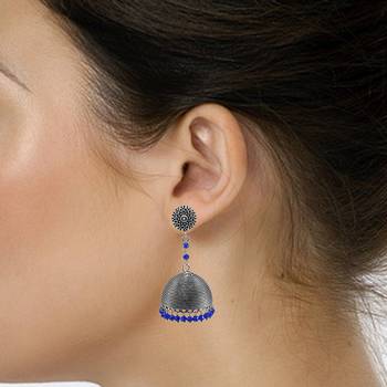 Rajasthani Tribal Jewelry-3 Mm Blue Crystal Hanging Round Studs Jhumki Earrings 2