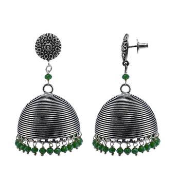 Seductive 34.4 Grams Handmade Alloy Oxidized 3 Mm Green Crystals And Round Jhumki Jewellery 1