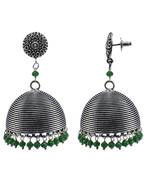 Seductive 34.4 Grams Handmade Alloy Oxidized 3 Mm Green Crystals And Round Jhumki Jewellery