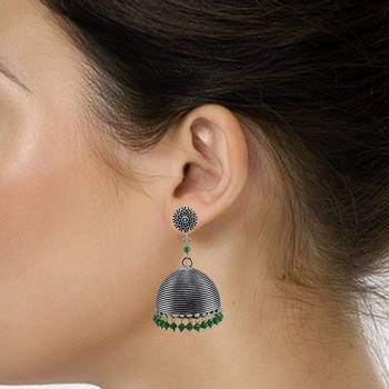 Seductive 34.4 Grams Handmade Alloy Oxidized 3 Mm Green Crystals And Round Jhumki Jewellery 2