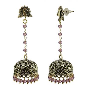 Ethnic Temple Oxidized Amethyst Crystal Beads Earrings With Silver Plated Peacock Jhumki- 1