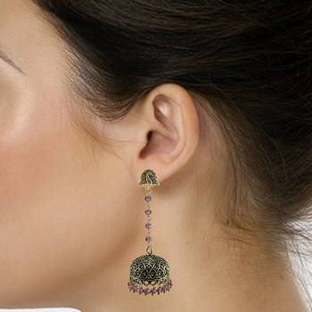Ethnic Temple Oxidized Amethyst Crystal Beads Earrings With Silver Plated Peacock Jhumki- 2