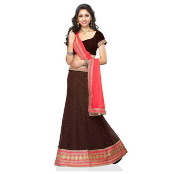 Choclate brown net embroidered unstitched lehenga choli 1