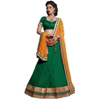Green net embroidered unstitched lehenga choli 1