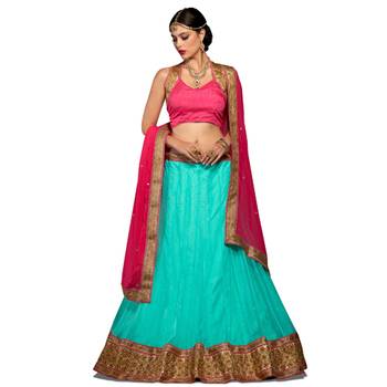 Aqua blue net embroidered unstitched lehenga choli 1