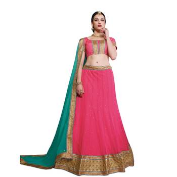 Pink net embroidered unstitched lehenga choli 1