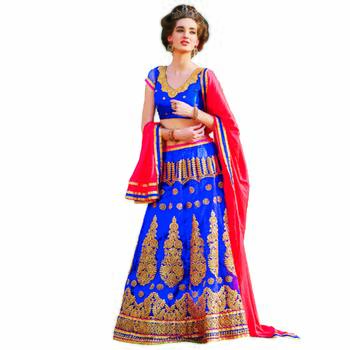 Blue net embroidered unstitched lehenga choli 1