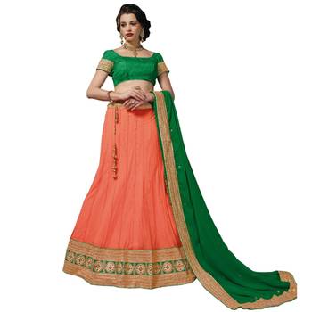Orange net embroidered unstitched lehenga choli 1