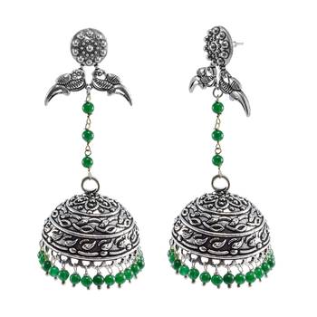 Oxidized Metal Green Quartz Parrot Jhumki Earrings-Tribal Jewellery 1