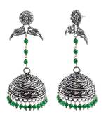 Oxidized Metal Green Quartz Parrot Jhumki Earrings-Tribal Jewellery