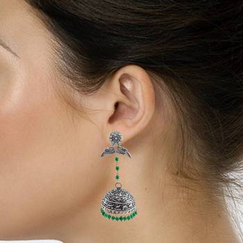 Oxidized Metal Green Quartz Parrot Jhumki Earrings-Tribal Jewellery 2