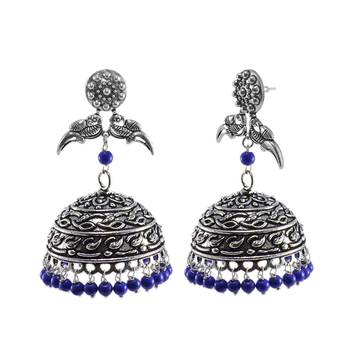 Oxidized Parrot Jhumki With Reconstituted Lapis Beads Earrings-Jaipuri Night Jewellery 1