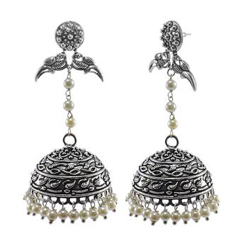 Royal Tradionaljewellery-Pearl And Yoga Parrot Jhumki Earrings With Oxidized Finish 1