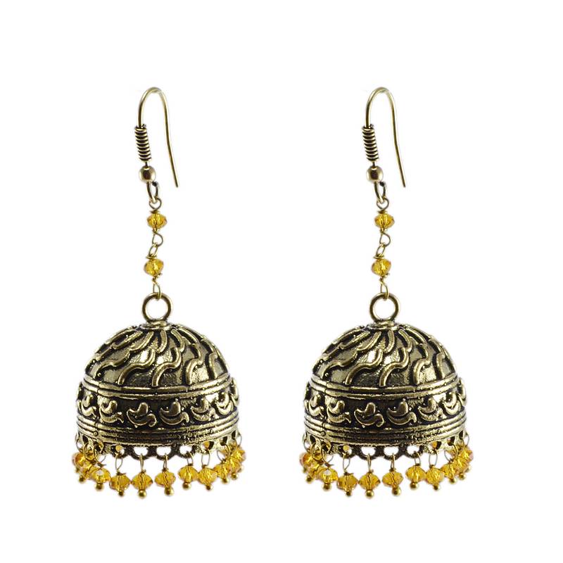 Ethnic Large Oxidized Jhumka Contrast With Sleek Globes Of Citrine Crystal Beads PG 27568
