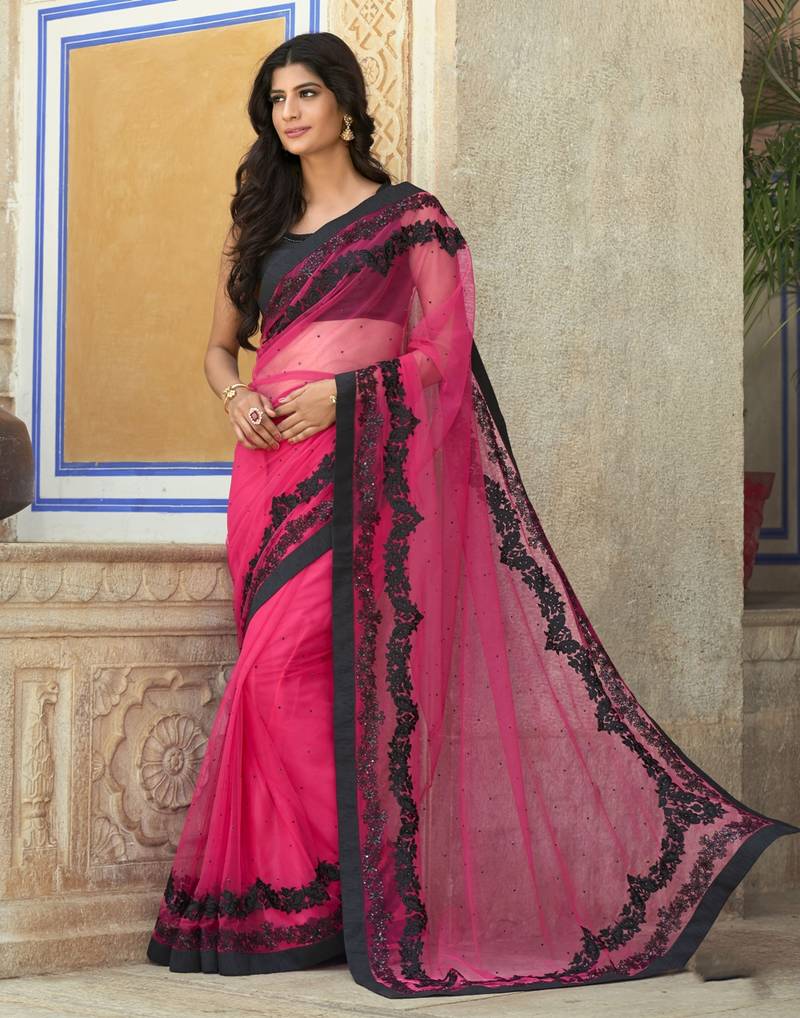 Pink And Black Embodiered Net Saree With Blouse