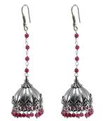 Pink Crystal Beads Traditional Silver Overlay Jhumka Earrings With Oxidized Finish