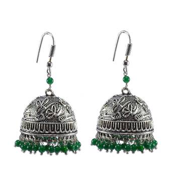 Ethnic Oxidized Jewellery-Danglers With Green Beads Large Jhumka Earrings 1
