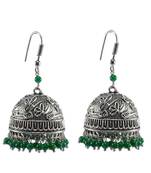 Ethnic Oxidized Jewellery-Danglers With Green Beads Large Jhumka Earrings